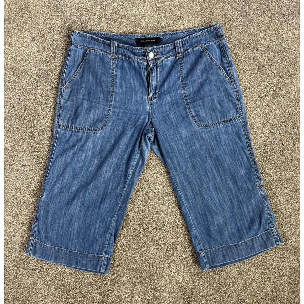 Calvin Klein Jeans Womens 14 Denim Capri Pants Roll Tab Chambray‎ Blue